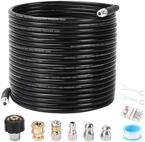 Sewer Jetter Kit for Pressure Washer, 100FT Drain Cleaning Hose with Corner Rotating and Button Nose Nozzles, 1/4" NPT Sewer Jet Nozzle Set with Spanner, Tape, Pins, 5800 PSI by Javneo