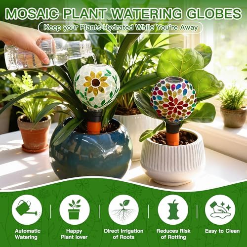 VOREEN Mosaic Plant Watering Globes with Terracotta Watering Spikes, 17oz Glass Self Watering Globes for Indoor & Outdoor Potted Plants, Decorative Water Drippers, Set of 2 - Image 2
