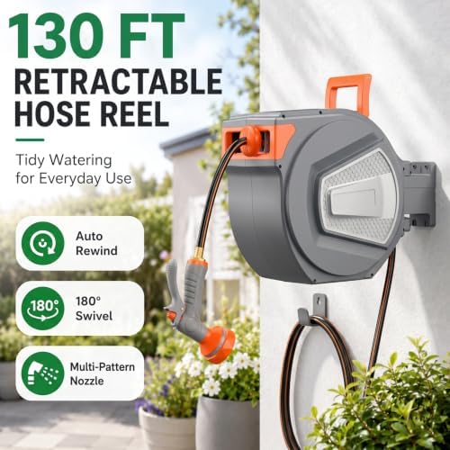 Retractable Garden Hose Reel, 130FT Wall Mounted Auto Rewind Water Hose Reel with 180° Swivel Bracket, Any Length Lock, Kink-Free Hose Guide, Multi-Pattern Spray Nozzle for Yard, Lawn & Outdoor - Image 3