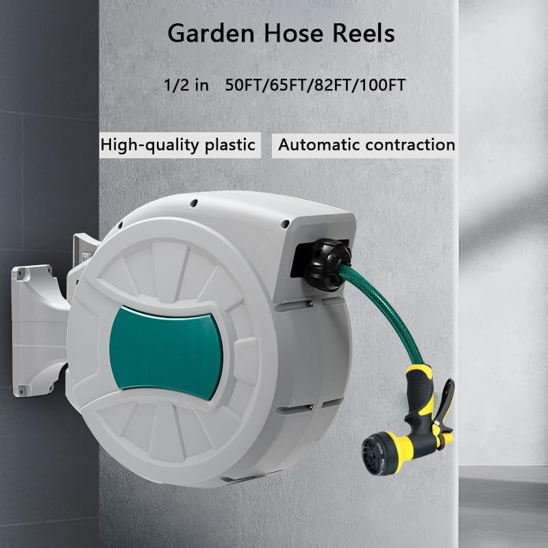 1/2 in x 65 ft Retractable Garden Hose Reel, 180° Rotatable Wall-Mounted Water Hose Reel with 8-Pattern Spray Nozzle, Auto-Rewind & Anti-Kink, for Garden Watering, Car Washing, Pet Bathing - Image 4