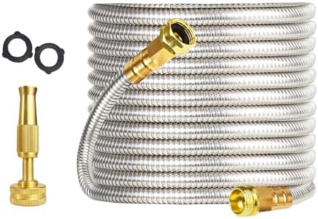 Heavy Duty Stainless Steel Garden Hose – Flexible, Kink-Proof & Crush-Resistant Metal Water Hose with Leakproof Brass Fittings – Adjustable Nozzle – Weatherproof Outdoor Hose for Lawn, Car by LALFPET-Loveallforpets