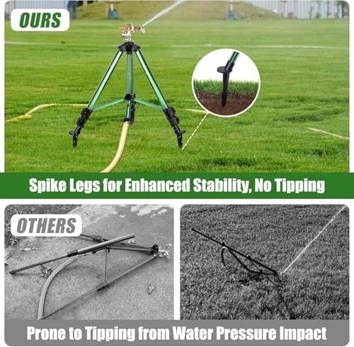 Heavy-Duty Brass Impact Sprinkler with Adjustable Tripod Base, 360 Degree Rotation, Green, 16-37 Inch Height, 0-43 Feet Coverage for Lawn and Garden Irrigation - Image 2