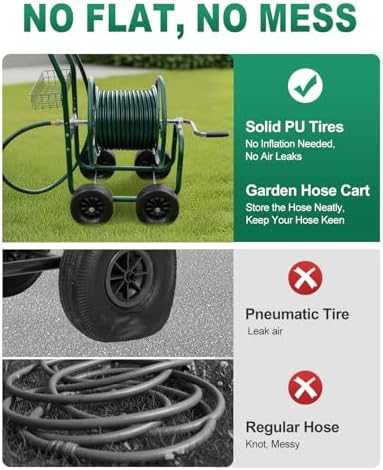 Outvita 250 FT Duty Hose Reel Cart, 4 PU Wheel Garden Storage Cart, Green - Image 3