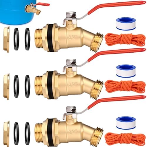 JaGely 3 Pack Brass Rain Barrel Spigot Kit 3/4" Inlet to 3/4"GHT Thread Outlet Water Tank Faucet 55 Gallon Drum Outdoor Rain Bucket Spigot with Bulkhead Fitting, Tape, Traction Rope (Orange) by JaGely