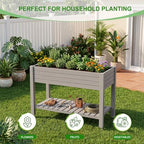 Elevated Resin Raised Garden Bed, 33.7in Height Raised Planter Box with Drainage Holes, Lockable Rotating Wheels & Bottom Storage Shelf, Stake Support, Easy Assembly for Patio Lawn Backyard Balcony - Image 4