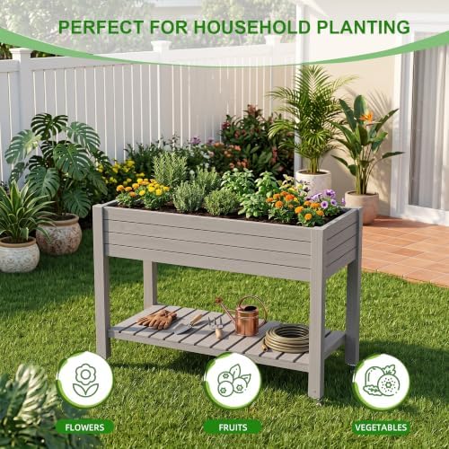 Elevated Resin Raised Garden Bed, 33.7in Height Raised Planter Box with Drainage Holes, Lockable Rotating Wheels & Bottom Storage Shelf, Stake Support, Easy Assembly for Patio Lawn Backyard Balcony - Image 4