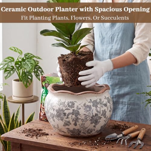 Geetery Ceramic Planter Pot 11 Inch Round Plant Pot, Floral, Grey, Large - Image 6