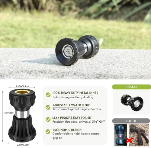 HOSUN Fire Hose Nozzle for Garden Hose, Heavy Duty Fireman Style Garden Hose Nozzles, Leak Proof & Adjustable Water Nozzle High Pressure, Best for Watering Plant & Lawn, Washing Car & Pet (Black) - Image 4