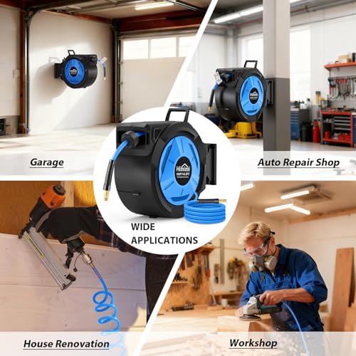 Retractable Air Hose Reel, 3/8" x 100 Ft Hybrid Hose Air Compressor Hose Reel with 6.5 Ft Lead-in Max 300 PSI, Air Hose with Any Length Lock, Automatic Rewind, 180° Swivel Bracket, Quick Coupler - Image 7