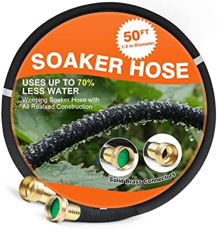 Soaker Hose 50 FT for Garden 1/2" Diameter Irrigation Hose Save 70% of Water Solid Brass Interface Eminently Suitable for Lawn and Garden Beds Cover by AIODE
