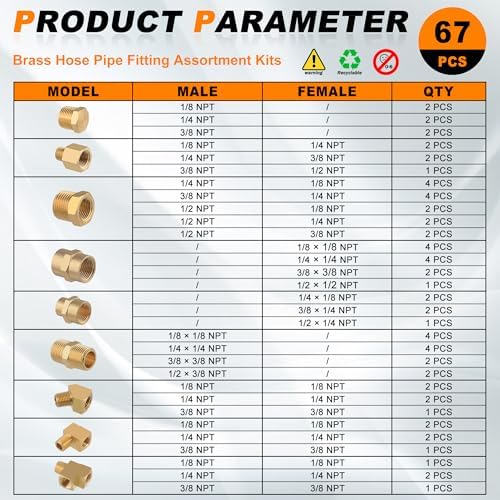 68PCS Brass Pipe Fitting & Adapters Assortment for Air/Fuel/Water/Oil Hose - Image 2
