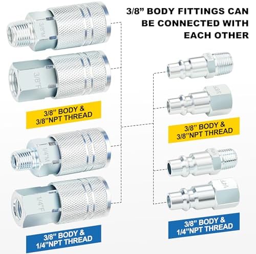 3/8 Inch Body Air Hose Quick Connect Fittings, 3/8" NPT Threads and 1/4" NPT Threads Couplers and Plugs, I/M Industrial Type 24PCS Air Compressor Accessories Kit - Image 6