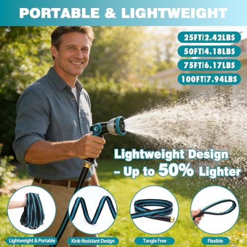 100FT Garden Hose, Kink-Free Non-Expandable Flexible Water Hose with 10-Pattern Spray Nozzle, Lightweight Leakproof Flat Hose with 3/4” Solid Brass Connector for Yard, Lawn & Outdoor Use - Image 4