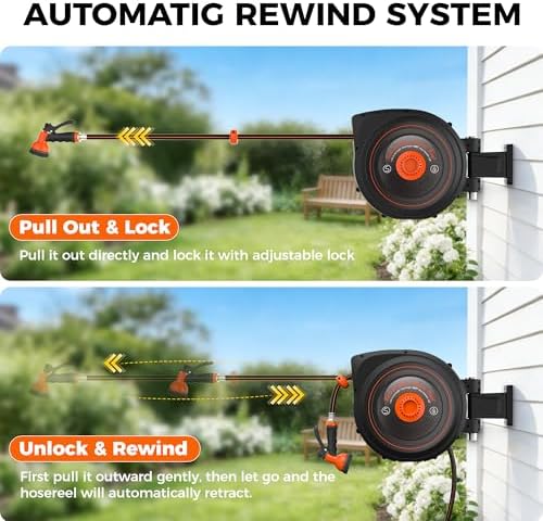 Retractable Garden Hose Reel 100 FT 1/2 IN for Outside, Upgraded 10 Spray Patterns, Heavy Duty Automatic Water Hose Reel with Any Length Lock, Wall Mount, Pro Guide System, 180° Swivel - Image 4