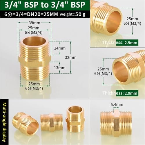 Hose Connector 6pcs Brass Pipe Hex Nipple Fitting 1/8" 1/4" 3/8" 1/2" 3/4" 1" BSP Male Thread Quick Adapter Coupler Connector for Garden Fitting(3l4 to 3l4) - Image 2