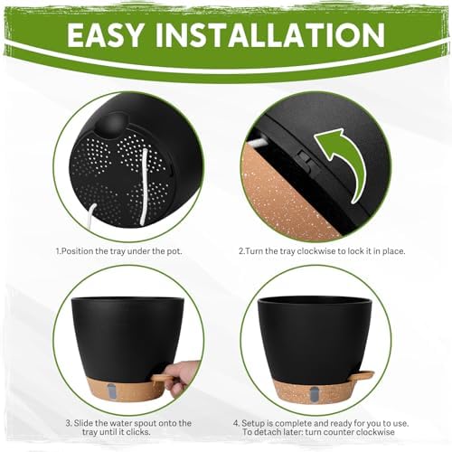 Self Watering Pots for Indoor Plants (5/5.5/6/6.5/8 Inch), Terra Cotta Planters with Water Level Indicator & Drainage,Wicking Pots for Monstera, Herbs & Snake Plant (Black, 5/5.5/6/6.5/8 Inch) - Image 3