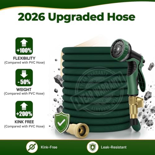 Garden Hose 100 ft, 2026 Upgraded Kink Free Flexible Water Hose 100ft With 10 Pattern Spray Nozzle, Leak-Proof, Portable, Ultra Lightweight & Durable Garden Hose for Yard, Lawn, Outdoor (DarkGreen) - Image 2
