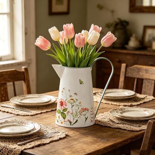 Vintage Rustic Floral Metal Pitcher Vase, 10.24" H Watering Can Decor with Butterfly & Bee Pattern, Farmhouse Centerpiece for Indoor & Covered Outdoor Home Garden Living Room Patio Wedding - Image 4