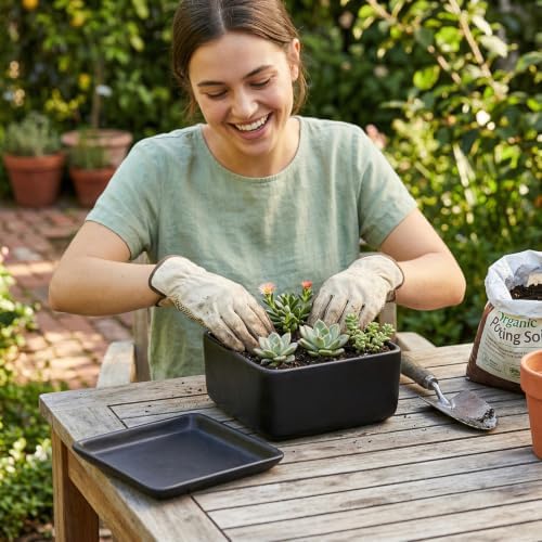 MyGift Black Ceramic Square Indoor Planter with Drainage Hole & Tray - Image 3