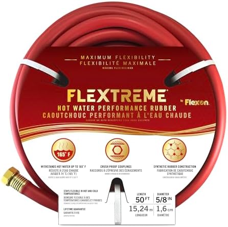 Flexon Flextreme 5/8" x 50ft Red Synthetic Performance Rubber Garden Hose – Lightweight, All-Weather Flexibility, Heavy-Duty, Kink-Resistant, Solid Brass Couplings, Watering Hose for Lawn & Garden by Flexon