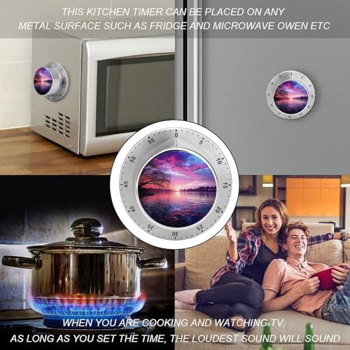 Stainless Steel Mechanical Purple Sunset on Water Printed Timer with Magnet, Manual Dial Timer for Kitchen, Shower, Study and Daily Tasks - Image 4