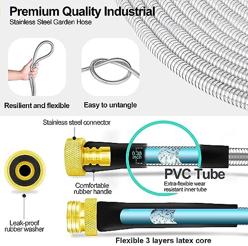 Garden Hose 100FT, Expandable Stainless Steel Water Hose with 10 Modes Spray Gun & Solid Brass Connectors, No Kink, No-Tangle, Tough & Flexible, Rust Proof Heavy-Duty Metal Garden Hose for Yard Lawn - Image 3