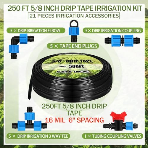 Tondiamo 250ft 16mil 5/8" Drip Tape Irrigation Kit, 6" Spacing Hose - Image 2