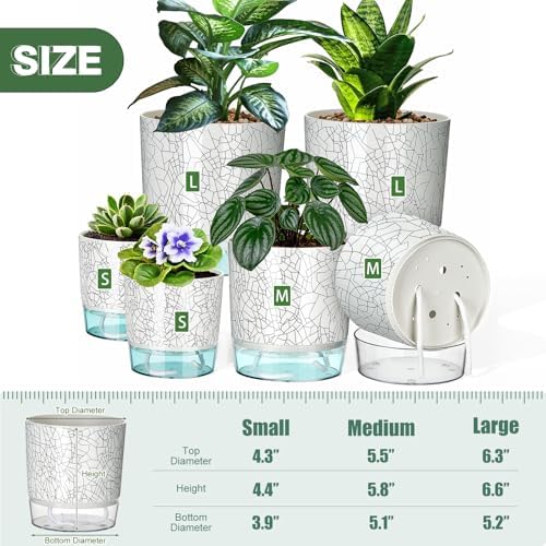 6 Pack Self Watering Pots for Indoor Plants, 4+5.5+6.3 Inch Self Watering Plant Pots Set, Flower Pots with Wick Rope and Reservoir for African Violet, Spider Plant, Orchid - Crack Texture - Image 2