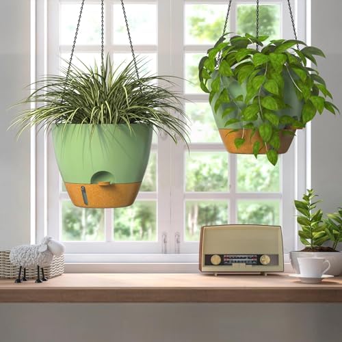 ZMTECH 12 Inch Large Self Watering Hanging Planters for Indoor Outdoor Plants - Water Level Indicator & Removable 60 Oz Reservoir, 1 Pack Plastic Hanging Basket for Window Porch Garden Balcony, Green - Image 6
