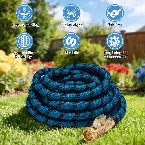 100FT Garden Hose, Lightweight Flexible Water Hose, 5/8" Kink Free Leak Proof Hose, Heavy Duty 96-Layer Woven with 3/4" Brass Fittings, 10 Function Nozzle for Yard Lawn Outdoor Car Wash(BlueBlack) - Image 2