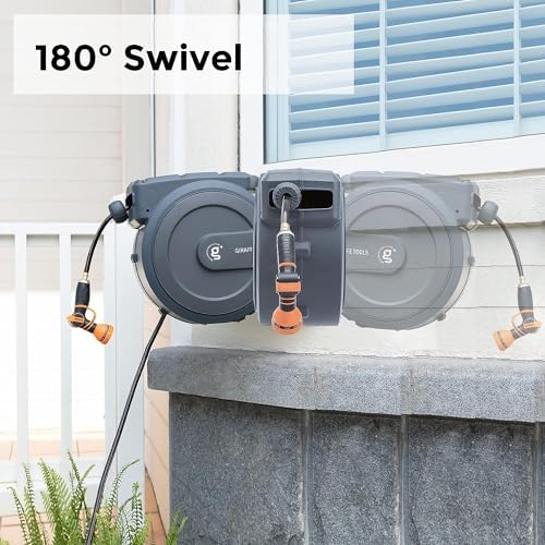 Giraffe Tools AW30 and AW25 Garden Hose Reel Retractable 1/2" x 100 ft and 78ft Wall Mounted Water Hose Reel Automatic Rewind, Any Length Lock, Dark Grey - Image 5