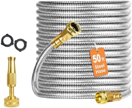 GarveeLife 50 FT Stainless Steel Garden Hose, Heavy-Duty Water Hose with Adjustable Brass Nozzle, No Kink & Leak-Resistant, Lightweight Flexible Hose for Lawn, Yard Watering, RV & Car Washing by GarveeLife