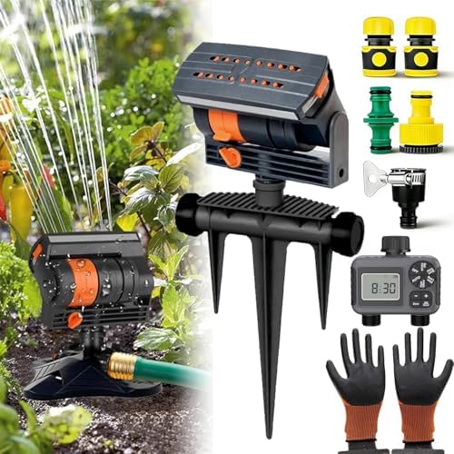 Adjustable Oscillating Sprinkler Wide Coverage,16-Nozzle Oscillating Sprinkler with Timer, Mini Turbo Oscillating Water Sprinklers for Lawn Yard Garden Watering (Ground-Insert, with Dual-Zone Timer) by Unknown