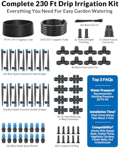 CICKATA 230FT Drip Irrigation System Kit, 20-45 PSI Water Flow Rate 40GPH - Image 7