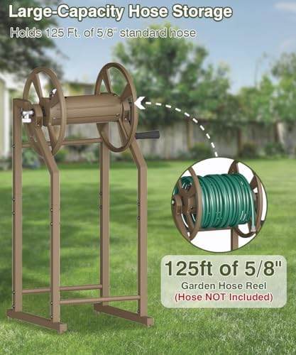 4-Spike Garden Hose Reel with 3.9ft Leader Hose & Stainless Fitting, Outdoor Hose Holder holds 125ft Hose of 5/8", Freestanding Metal Hose Stand for Outside Yard Lawn, Brown - Image 4