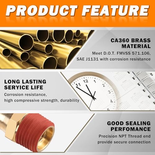 3/8" DOT Quick Push to Connect Fittings Brass Straight and 90 Degree Elbows, 3/8" OD x 3/8" NPT Thread DOT Air Brake Line Fittings for Truck Trailers or Industry Air System 13 Pcs - Image 3