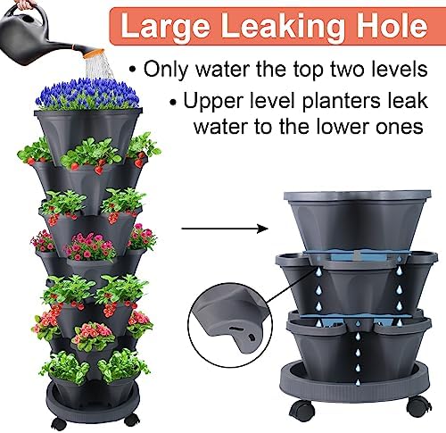 GameXcel Vertical Planter Tower - 7 Tier Stackable Garden Planters with Wheels and Tools Plant Pots for Strawberry Herb Flower and Vegetable Indoor Outdoor Use Dark Gray 2 Pack - Image 3