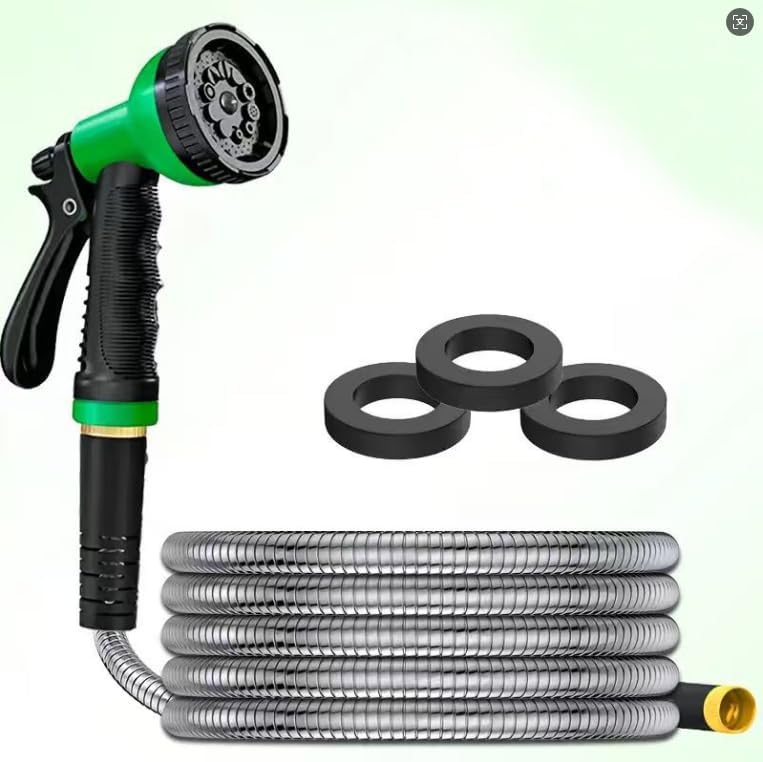 High pressure stainless steel garden hose with spray gun - extendable, durable vinyl, standard American thread, suitable for lawn watering, car washing (Green 25FT) by Unknown