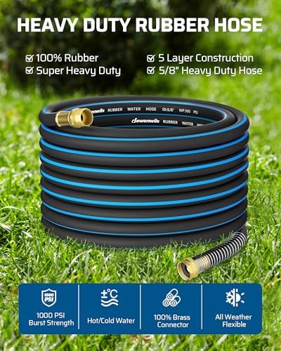 DEWENWILS 5/8" x 50FT Heavy Duty Garden Hose, 300psi Working & 1000psi Burst, Solid Brass 3/4" GHT Fittings, Hot/Cold Water, 5 Layer Construction, Rubber Water Hose for Yard, Garden, Lawn - Image 2