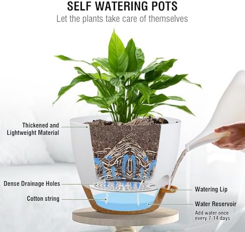 Meowell 10 inch Self Watering Hanging Planters, 2 Pack Hanging Baskets for Indoor Outdoor Plants, Hanging Flower Pots with Drainage Holes & 2 Kinds of Plant Hangers for Garden Home Décor, White Brown - Image 3