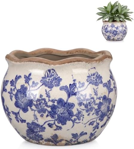 Geetery Ceramic Planter Pot 7.1 Inch Round Plant Pot,Chinoiserie,Blue,Small by Geetery