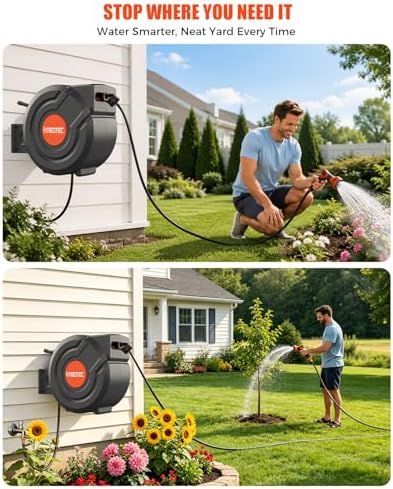 150FT Retractable Garden Hose Reel 1/2 Inch, Wall Mounted Heavy Duty Water Hose with Auto-Lock, Slow Return, 180° Swivel Bracket & 9-Pattern Spray Nozzle – UV Resistant Outdoor Hose Storage System - Image 3