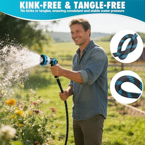 100FT Garden Hose, Non-Expandable Flexible Fabric Water Hose with 10-Function Spray Nozzle, Kink-Free Lightweight Yard Hose with 3/4" Solid Brass Connectors for Lawn, Outdoor, RV & Marine Use - Image 3