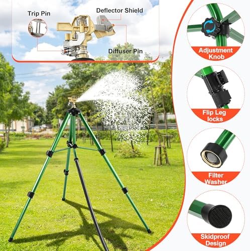 Impact Sprinkler Head on Telescoping Tripod Base with 2 Sprinkler Extensions, Heavy Duty Lawn Sprinklers, 360 Degree Large Area Irrigation, Solid Metal Extension Legs & Bottom Spikes - Image 3