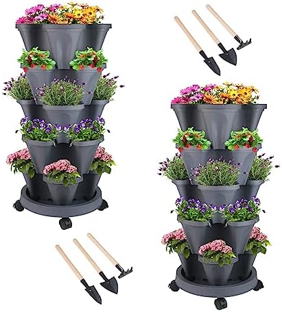 DUNCHATY Stackable Planter, Vertical Garden Planter with Wheels and Garden Tools, Strawberry Planter Indoor/Outdoor 5 Tier Herb Planter Pots for Growing Vegetables and Succulents,Dark Gray by DUNCHATY