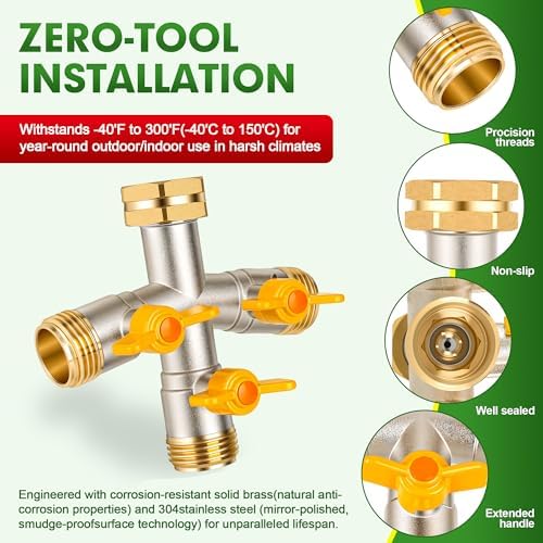 Hose Splitter 3 Way, High Flow Garden Hose Splitter, 3/4” Ght Inlet Brass Heavy Duty Hose Converter, water 3 Way Faucet hose splitter, Long Handle Hose Valve Large Outlet. - Image 2