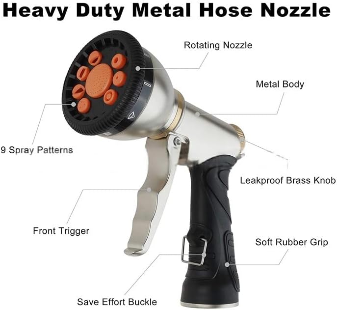 Heavy duty metal garden hose sprayer nozzles, 9 types of high pressure manual sprays, zinc alloy body, 3/4" standard connector, soft rubber grip - Image 2