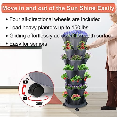 DUNCHATY Stackable Planter, Vertical Garden Planter with Wheels and Tools, Self Watering Strawberry Planter Indoor/Outdoor 7 Tier Herb Planter Pots for Growing Vegetables and Succulents, Dark Gray - Image 5