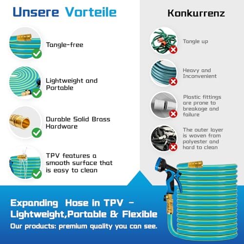 Expandable Garden Hose, Expandable Hose With 10 Pattern Spray Nozzle, TPV Material Flexible, Durable, Kink-Free, Brass Fittings Water Hose Expandable (Green, 50FT(Expanded)) - Image 5