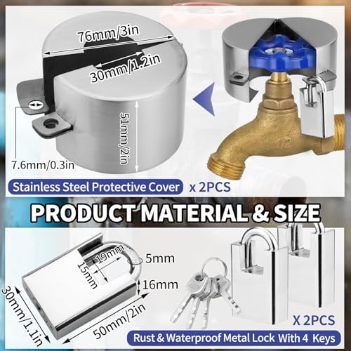 Outdoor Faucet Lock, 2 Pack Water Hose Bib Spigot Lock Stainless Steel Cover & Padlock Kits for 1-1/2 to 3 Inch Dia Valve Handles to Prevent Outside Water Theft and Unauthorized Use - Image 2